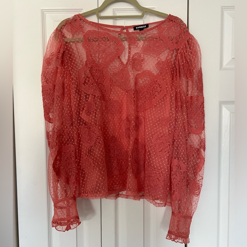 Express Lace Long Sleeve Crew Neck Top, Size XL, Pink